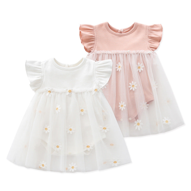 A charming rose and white Daisy Tulle Onesie Dress featuring embroidered daisies and ruffled sleeves, perfect for little girls.