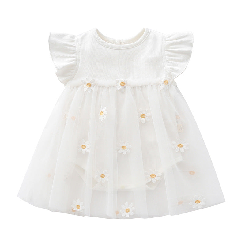 A charming rose and white Daisy Tulle Onesie Dress featuring embroidered daisies and ruffled sleeves, perfect for little girls.