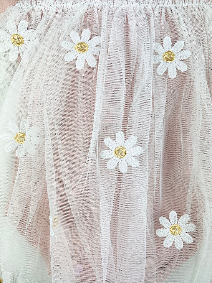 A charming rose and white Daisy Tulle Onesie Dress featuring embroidered daisies and ruffled sleeves, perfect for little girls.