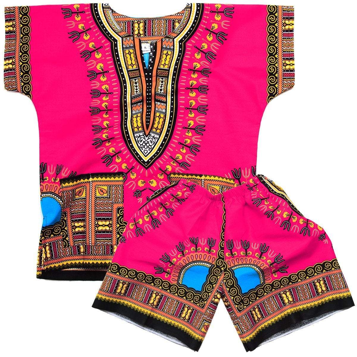 Children's Dashiki shirt and shorts set in vibrant pink, showcasing traditional African design.