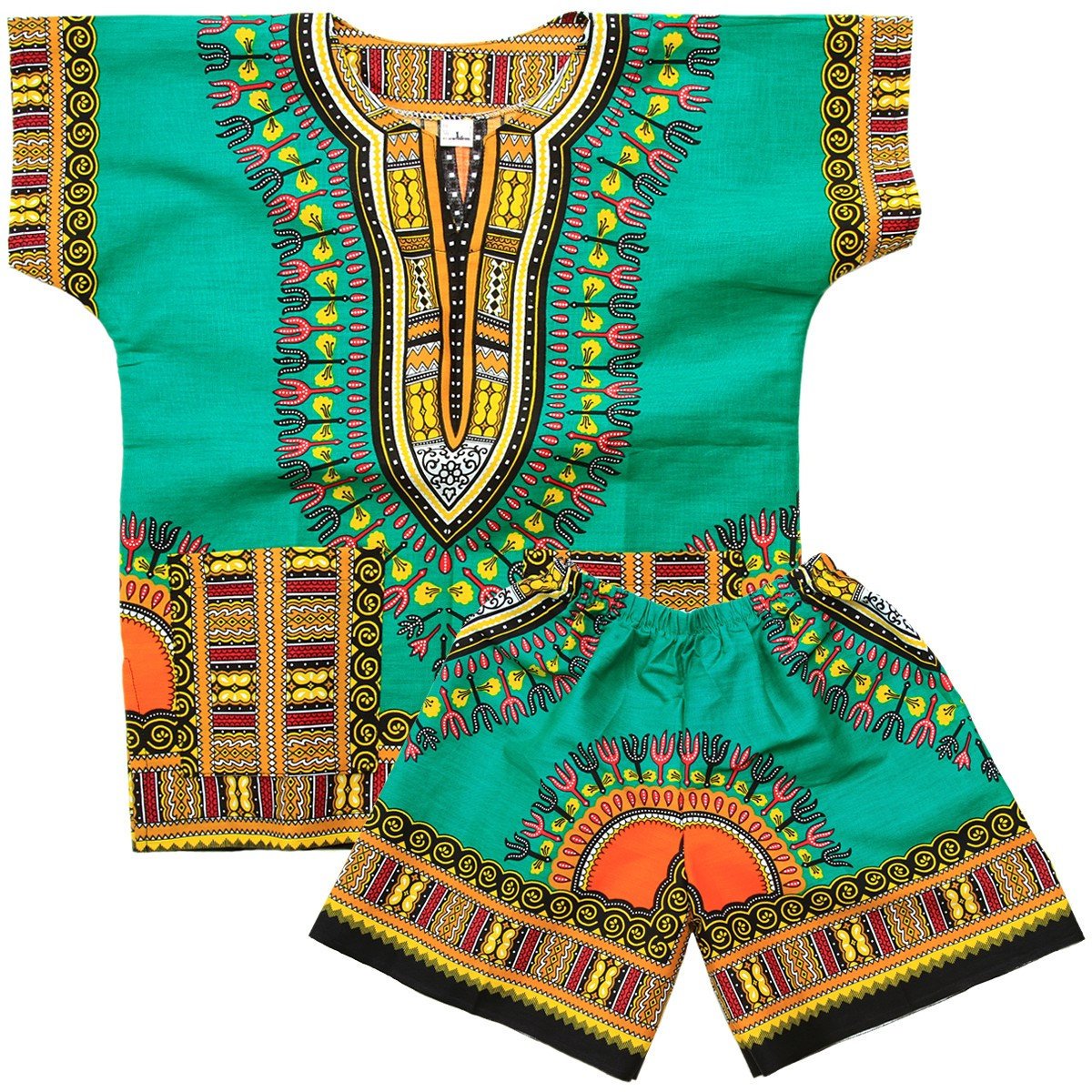 A vibrant green Dashiki Suit for children, featuring a traditional African design with a matching shirt and shorts set made from soft cotton.