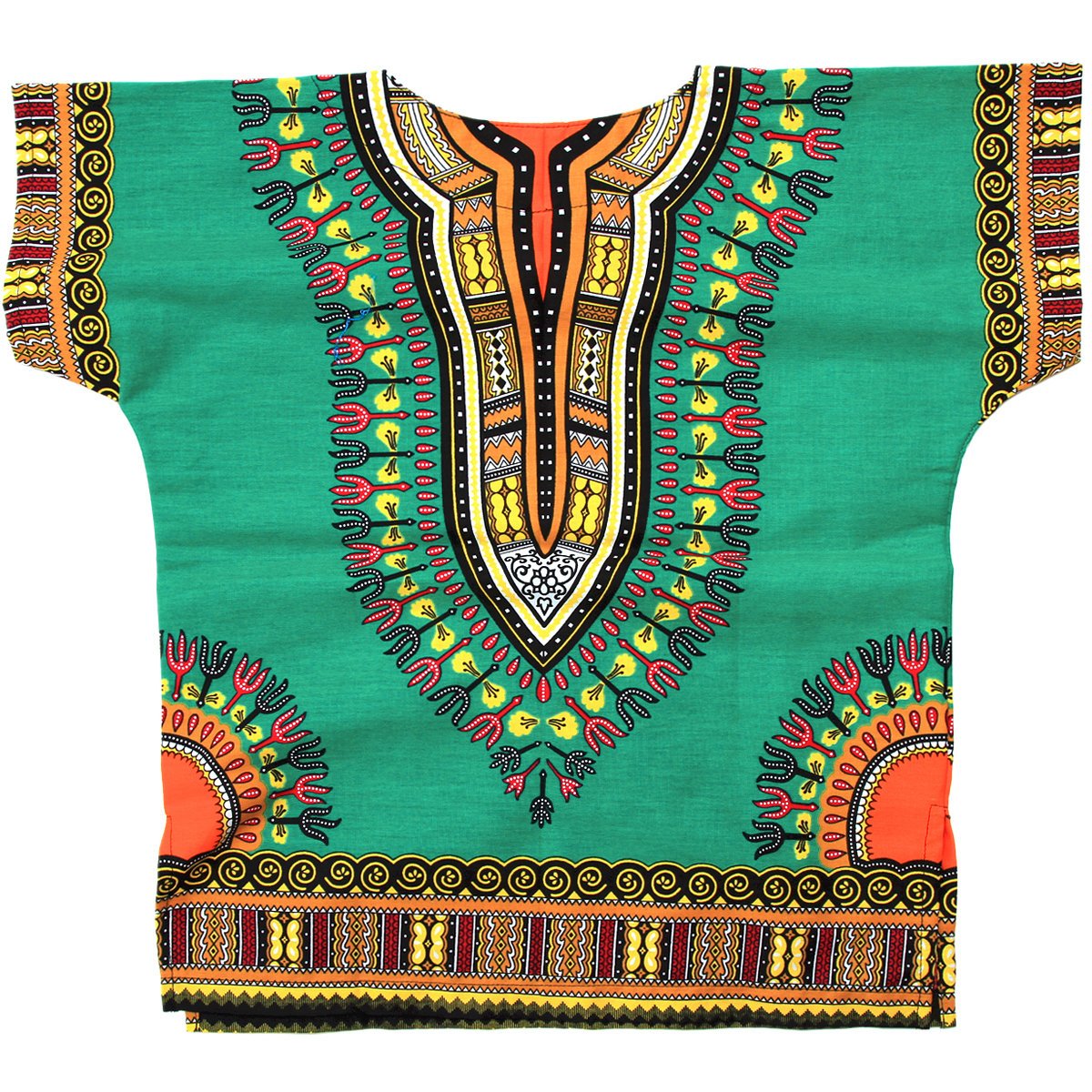 A vibrant green Dashiki Suit for children, featuring a traditional African design with a matching shirt and shorts set made from soft cotton.