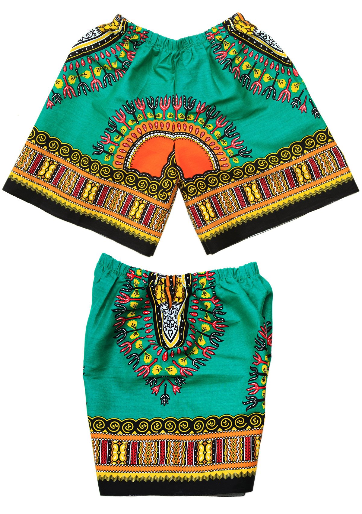 A vibrant green Dashiki Suit for children, featuring a traditional African design with a matching shirt and shorts set made from soft cotton.