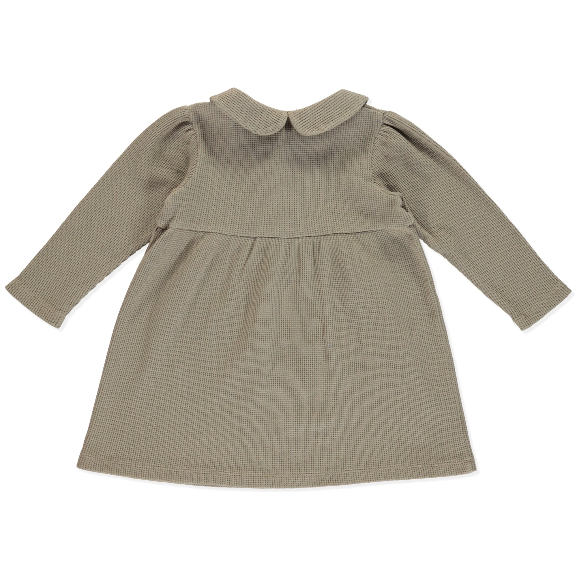 Dress Betty Coffee, a casual baby girl dress with olive wooden buttons, puff sleeves, and round collar in coffee color made from organic cotton.