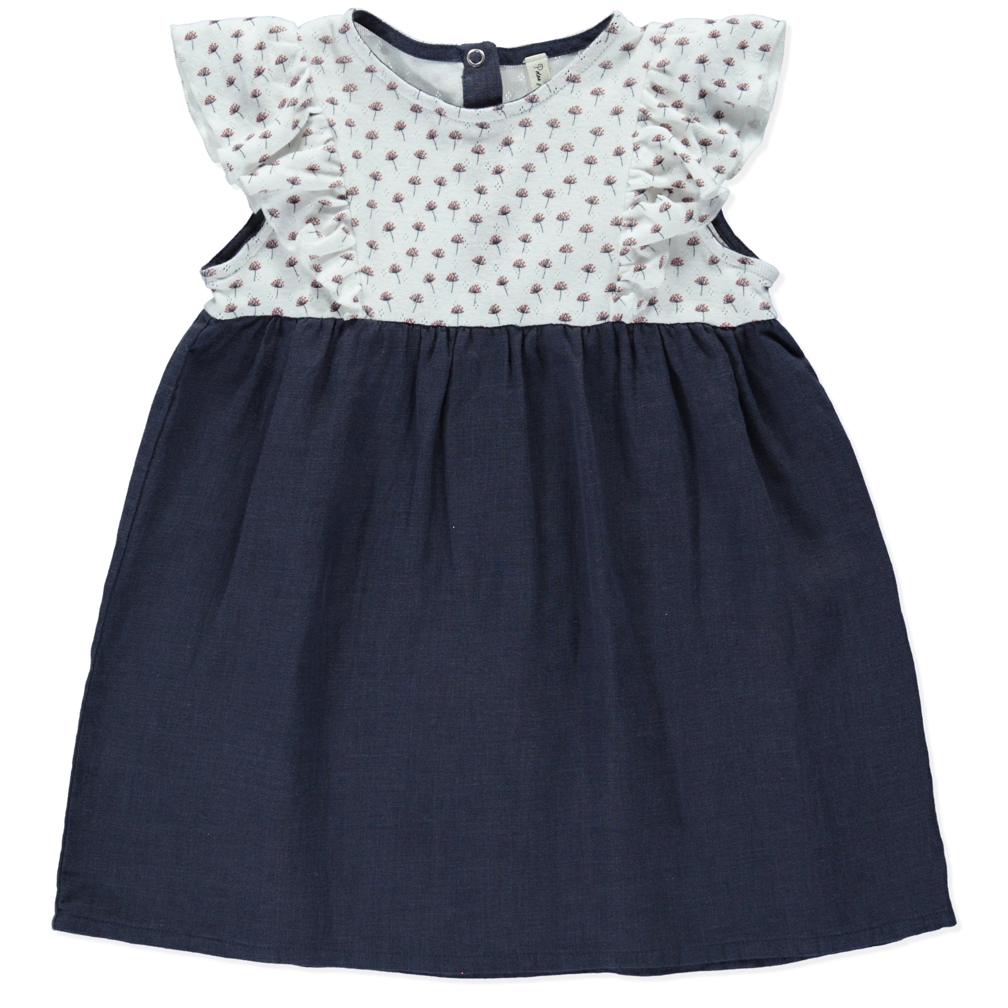 Dress Daisy Flower Blue featuring organic cotton top with floral print and blue linen bottom, adorned with butterfly frills.