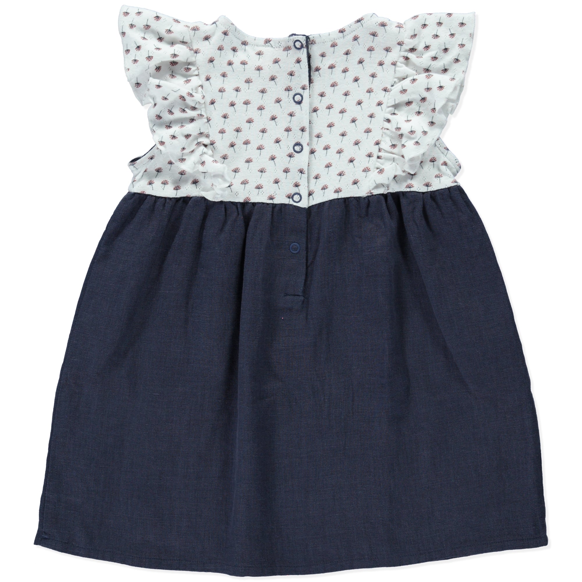 Dress Daisy Flower Blue featuring organic cotton top with floral print and blue linen bottom, adorned with butterfly frills.