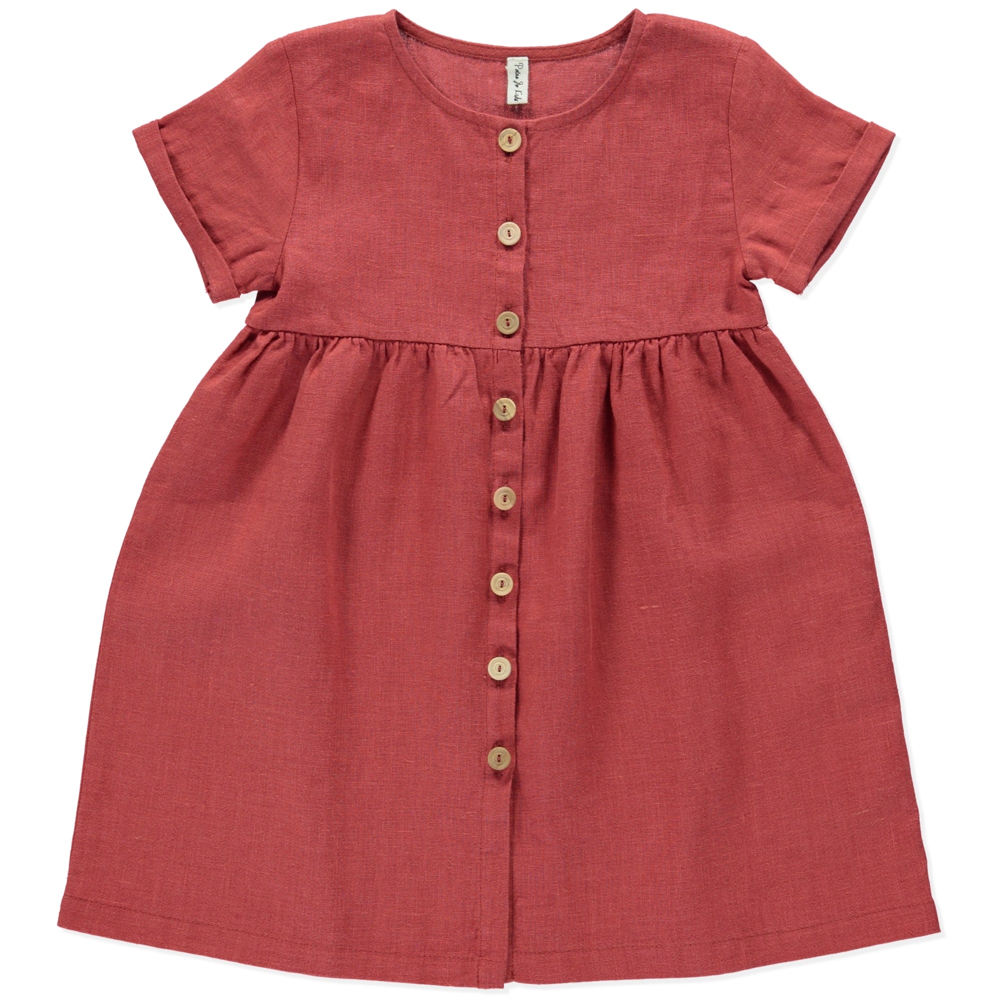 A stylish terracotta dress made of 100% linen, featuring short sleeves with rolled cuffs and olive wood button closure.