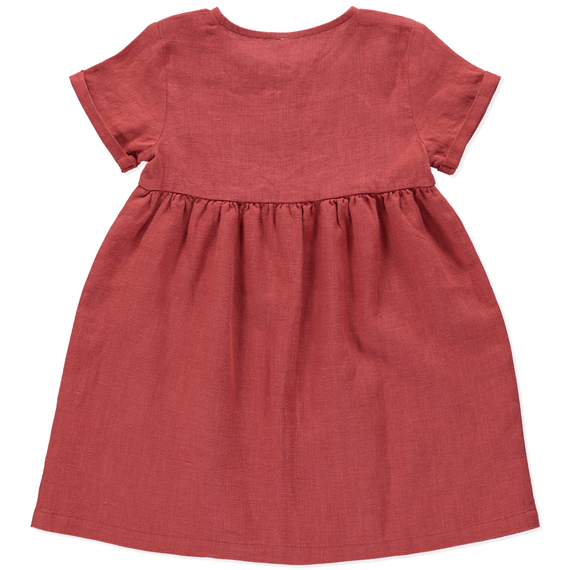 A stylish terracotta dress made of 100% linen, featuring short sleeves with rolled cuffs and olive wood button closure.