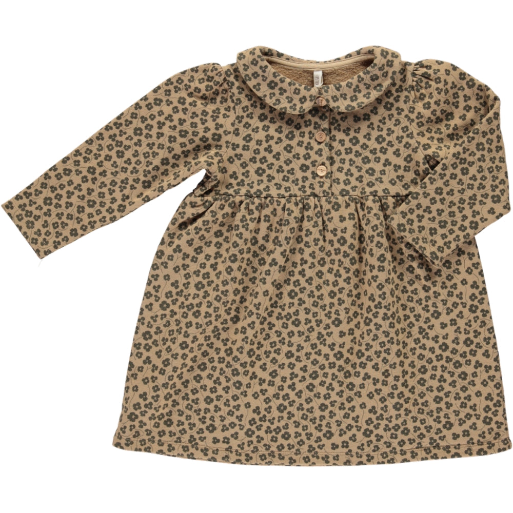 Dress Montana in camel floral print with long balloon sleeves and olive wood button closure, made from organic cotton.