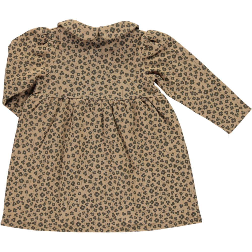 Dress Montana in camel floral print with long balloon sleeves and olive wood button closure, made from organic cotton.