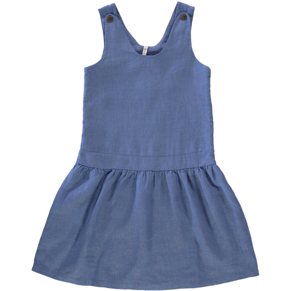 Dungaree Celeste dress in soft natural linen, featuring adjustable straps and a side zip, available in Rose, Blue Celeste, and Sienna Cream.