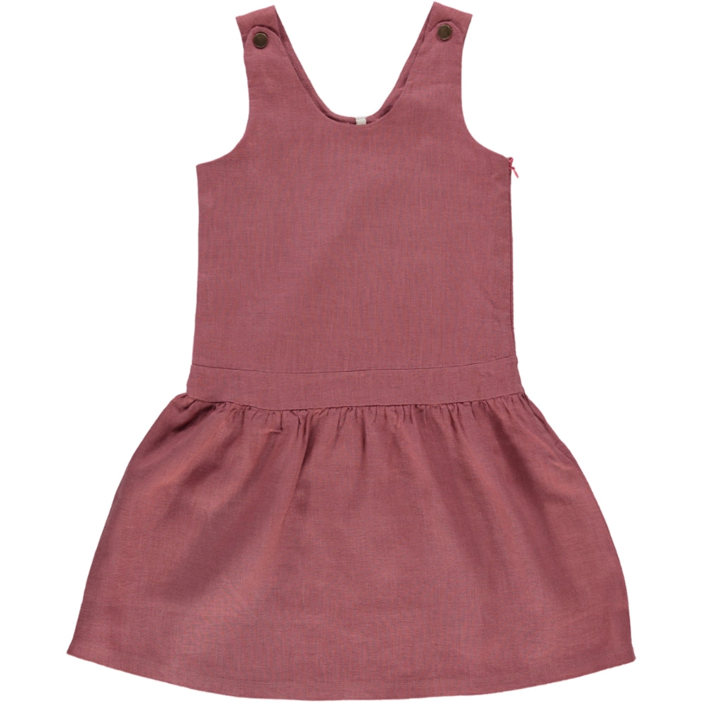 A stylish Dungaree Rose dress made from soft linen, featuring adjustable shoulder straps and a side zip, in beautiful rose, blue celeste, and sienna cream colors.