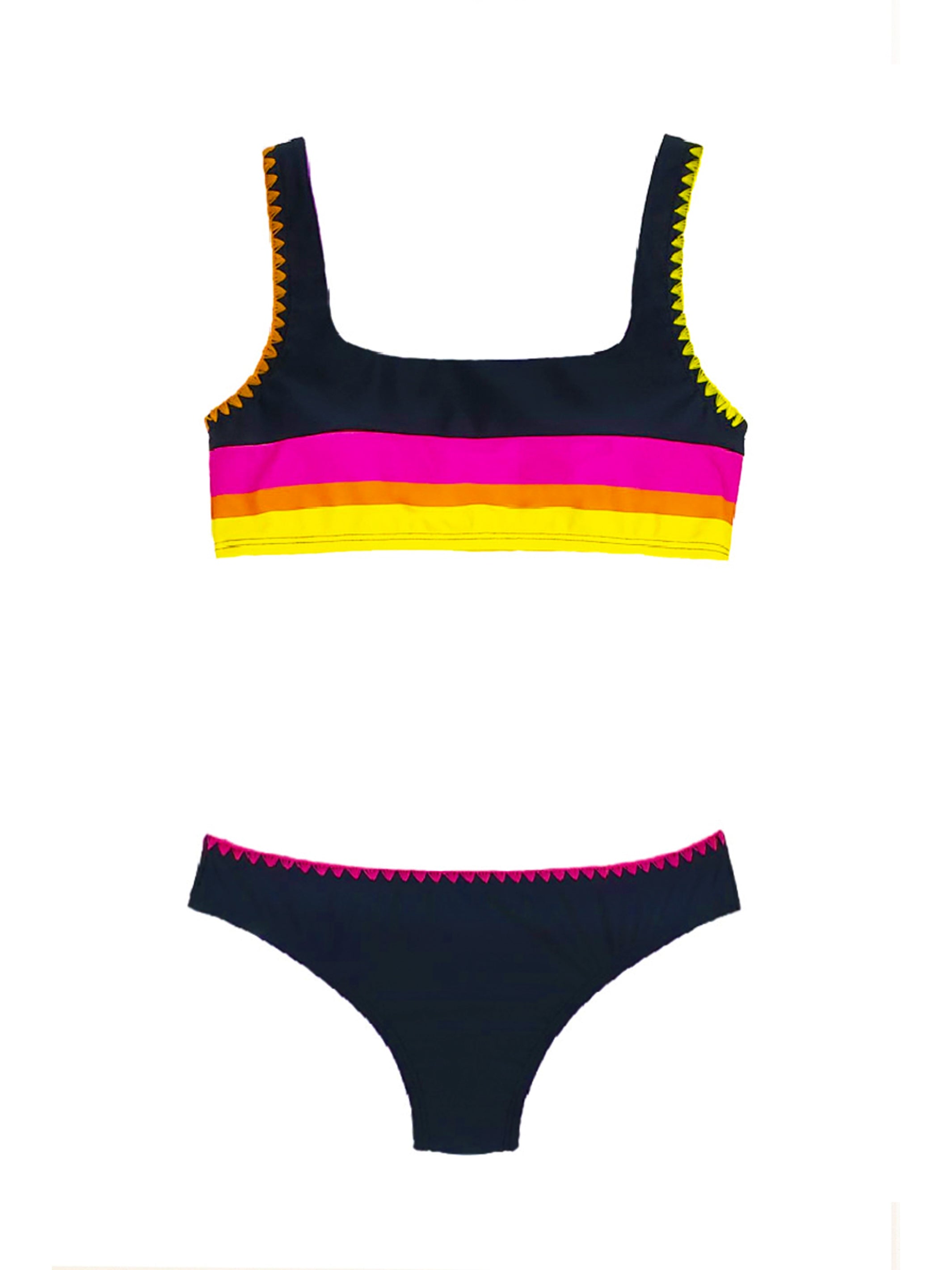 Emira Colorblock Bikini featuring bold fuchsia, orange, and yellow stripes with matching fuchsia trim on the bottom.