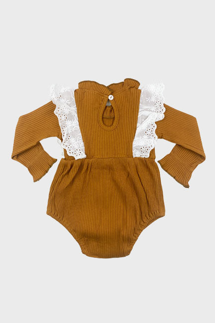 Fall Flutter Onesie in copper with lace flutter details and bow design, perfect for autumn wear.