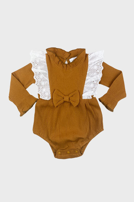 Fall Flutter Onesie in copper with lace flutter details and bow design, perfect for autumn wear.