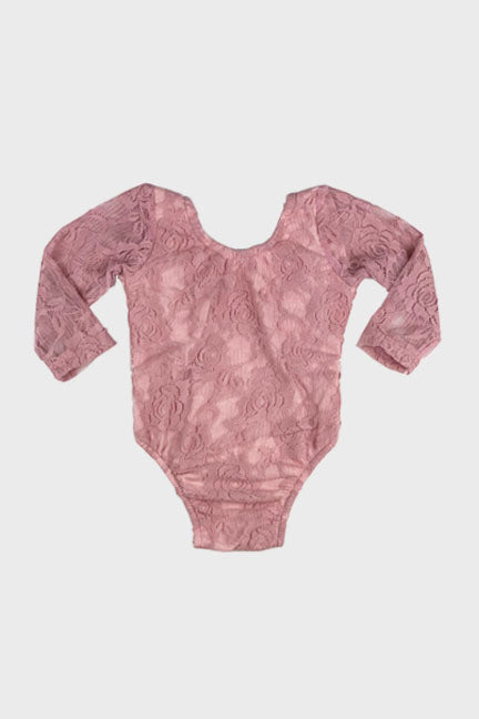 A beautiful floral lace onesie in rose color, featuring see-through lace sleeves and a solid rose leotard body, perfect for stylish comfort.