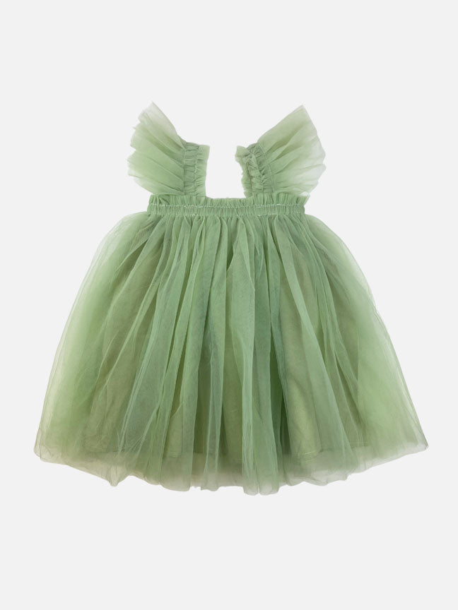 A beautiful multi-colored flutter tulle dress featuring an A-line design, elastic chest, and ruched flutter straps, perfect for babies.