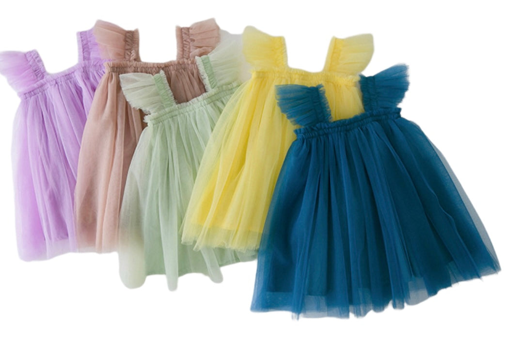 A beautiful multi-colored flutter tulle dress featuring an A-line design, elastic chest, and ruched flutter straps, perfect for babies.