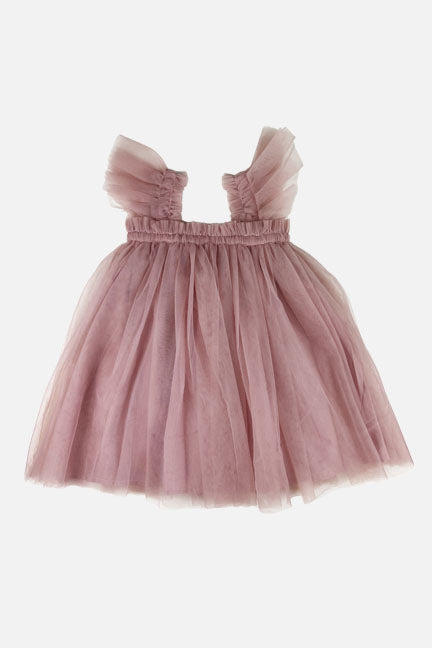 A beautiful multi-colored flutter tulle dress featuring an A-line design, elastic chest, and ruched flutter straps, perfect for babies.