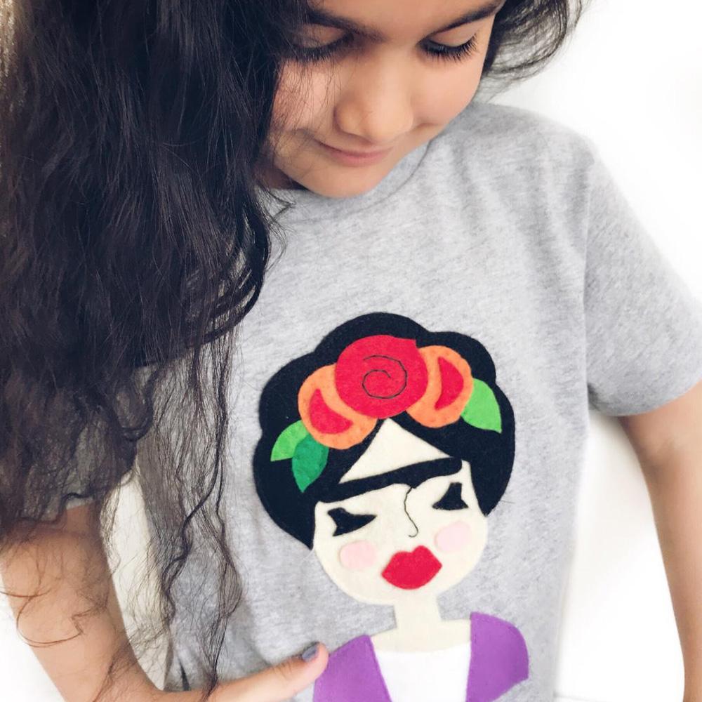 Frida Kids Shirt in Pink and Gray featuring unique felt appliqué designs, handmade and hand-stitched with love.