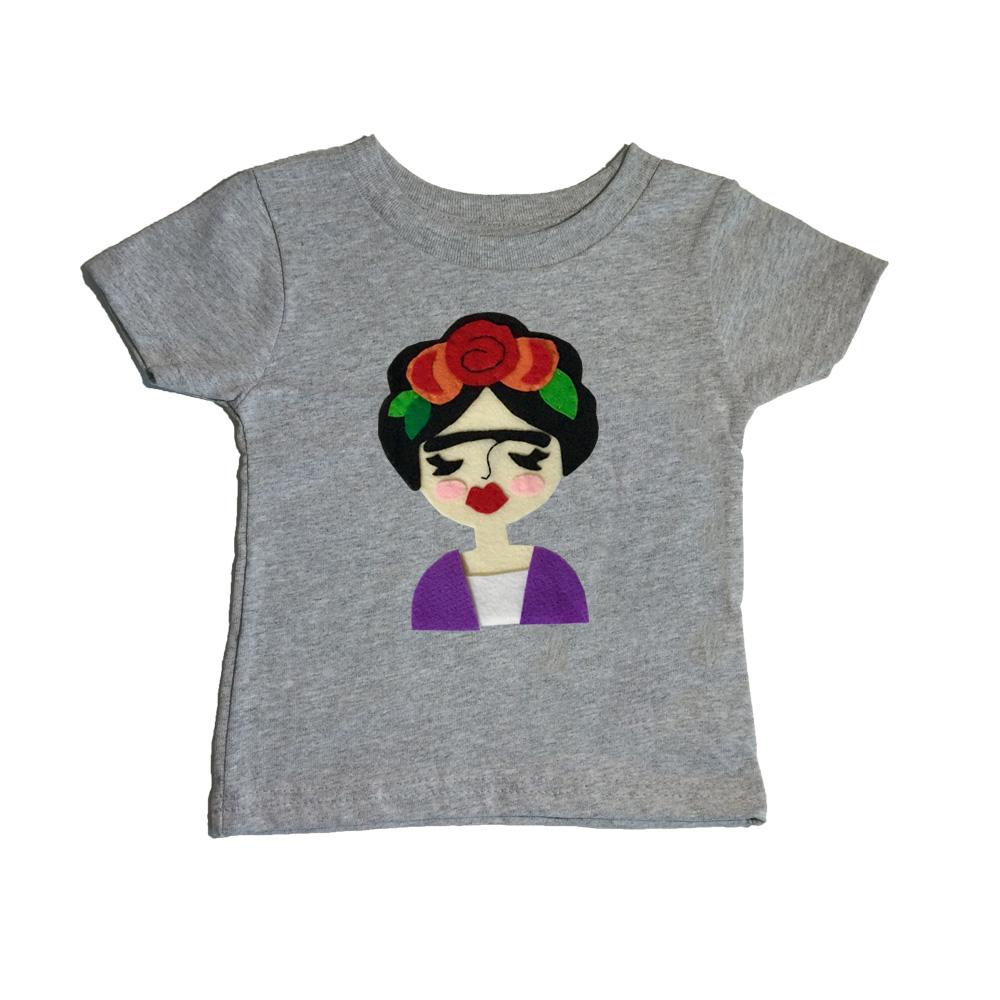 Frida Kids Shirt in Pink and Gray featuring unique felt appliqué designs, handmade and hand-stitched with love.