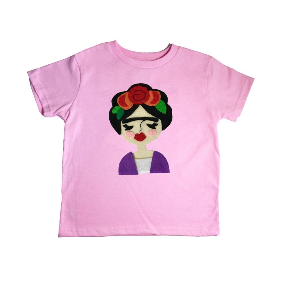 Frida Kids Shirt in Pink and Gray featuring unique felt appliqué designs, handmade and hand-stitched with love.