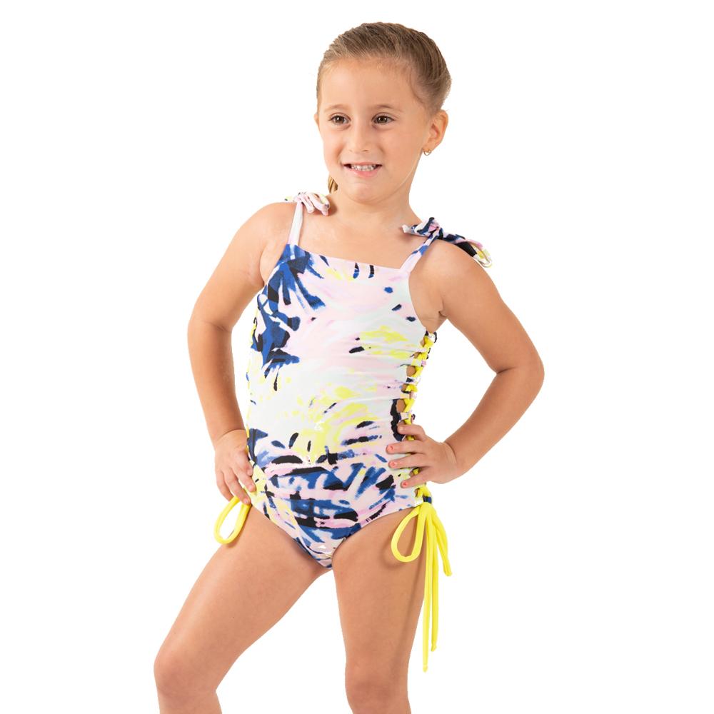 Funky Splash One Piece swimsuit with vibrant print and side ribbons for adjustable fit, perfect for summer fun.