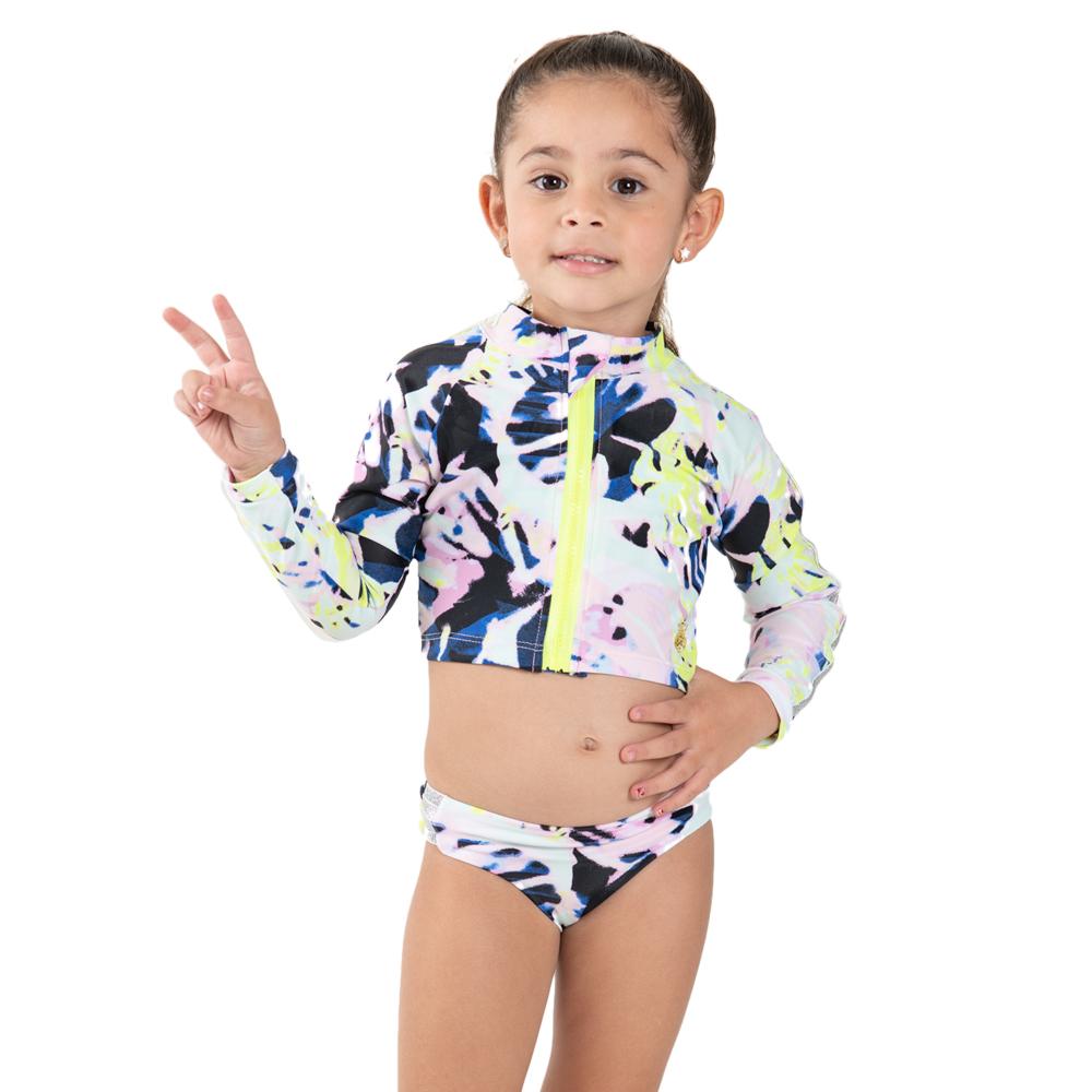 Funky Splash Rash Guard featuring vibrant printed lycra fabric and long sleeves with a zip front for UV protection.