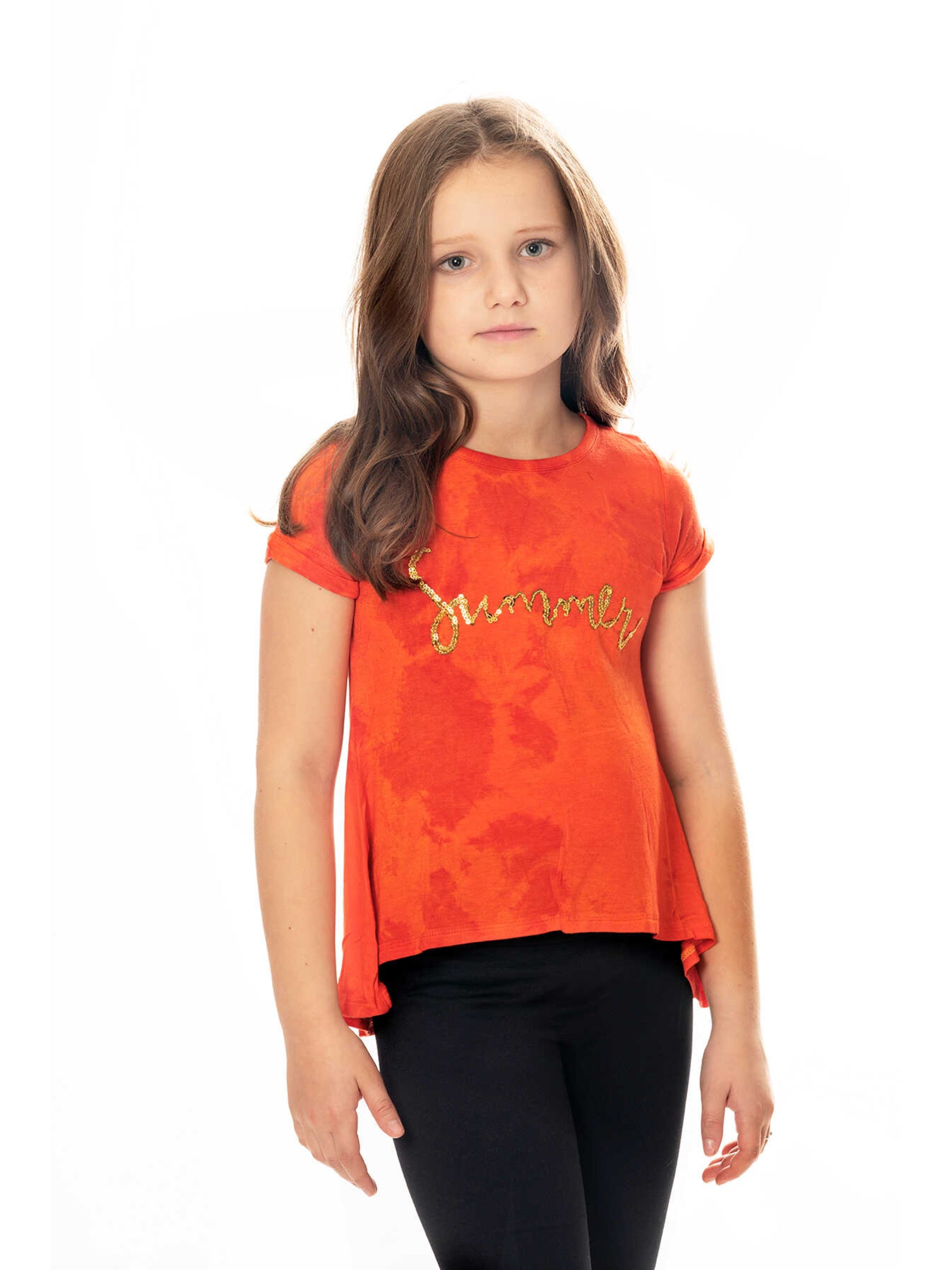 Galia Sequin Tie Dye Top in vibrant orange with gold sequins, showcasing a relaxed fit and unique hand-dyed pattern.