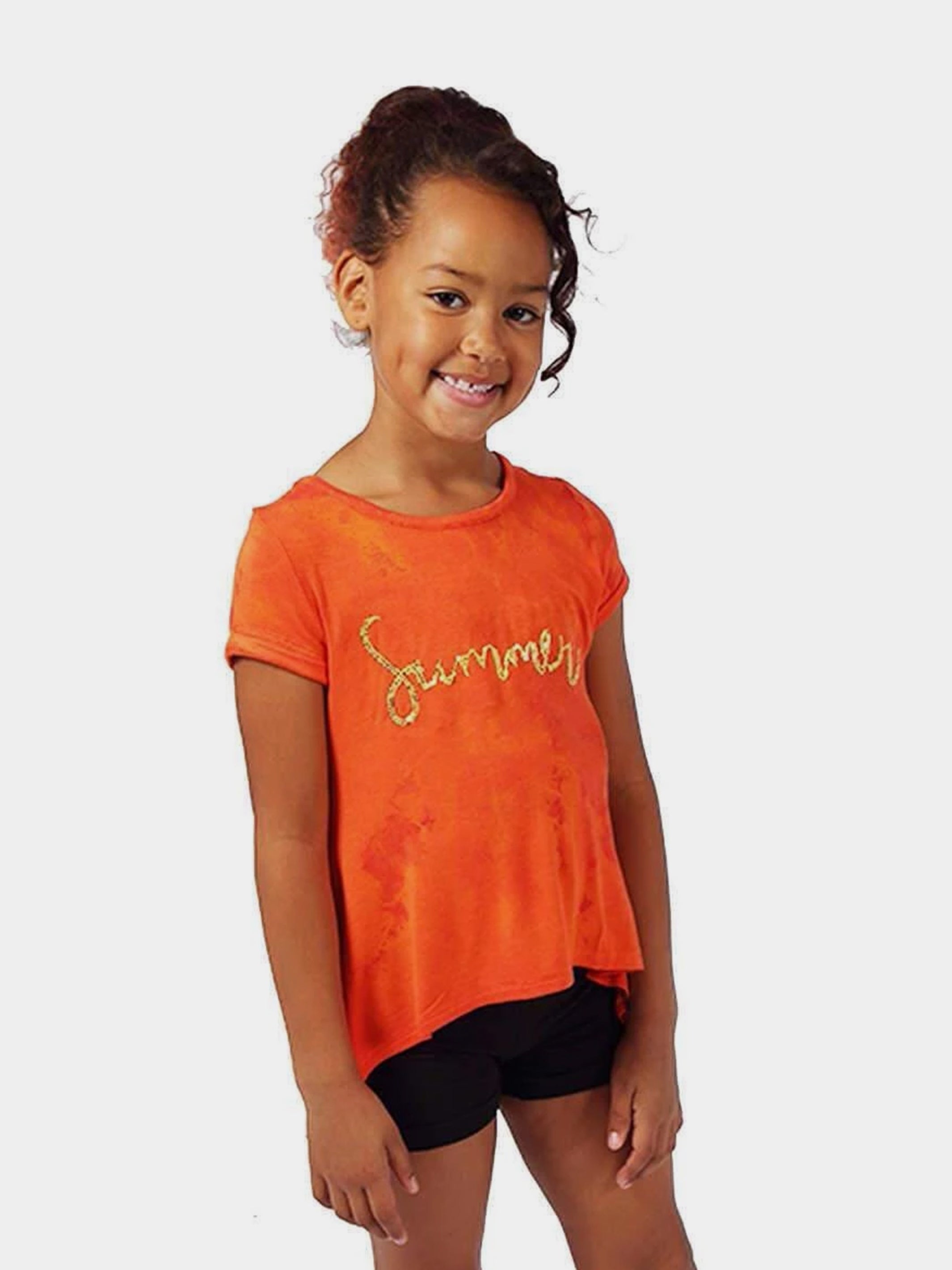 Galia Sequin Tie Dye Top in vibrant orange with gold sequins, showcasing a relaxed fit and unique hand-dyed pattern.