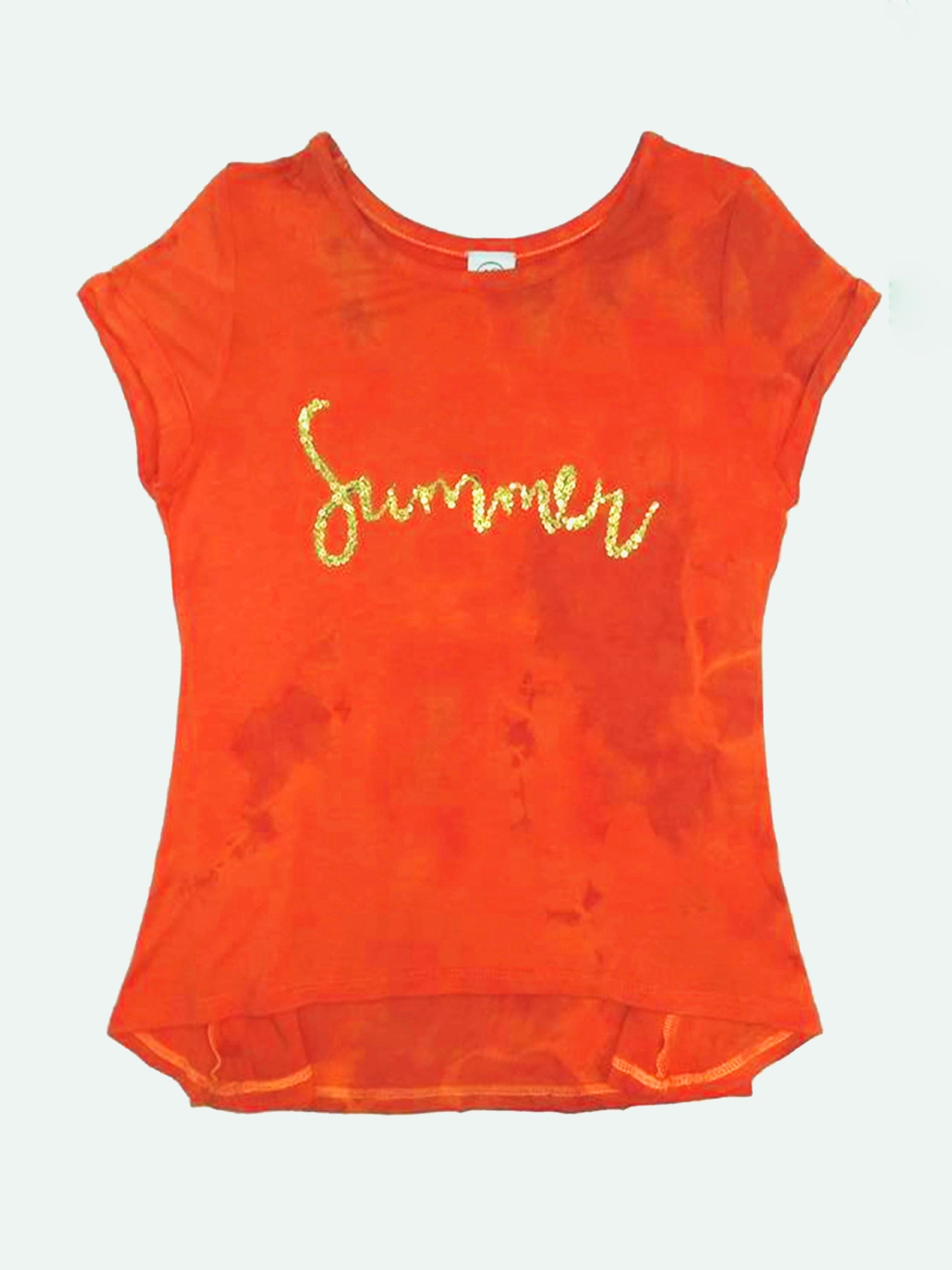 Galia Sequin Tie Dye Top in vibrant orange with gold sequins, showcasing a relaxed fit and unique hand-dyed pattern.