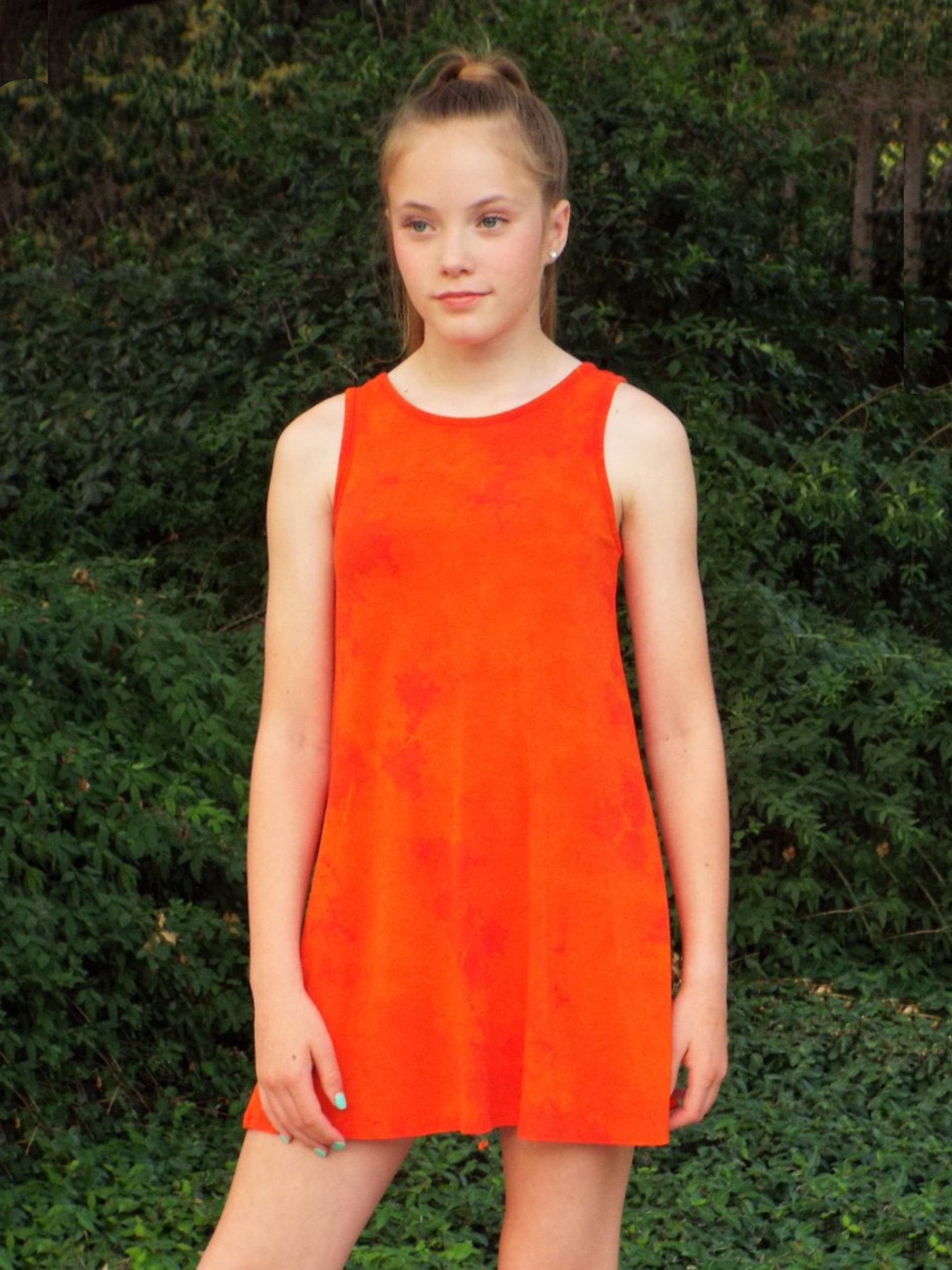 Gemma Orange Tie Dye Tank Dress featuring a unique hand-dyed pattern, sleeveless design, and lightweight cotton fabric, perfect for summer wear.