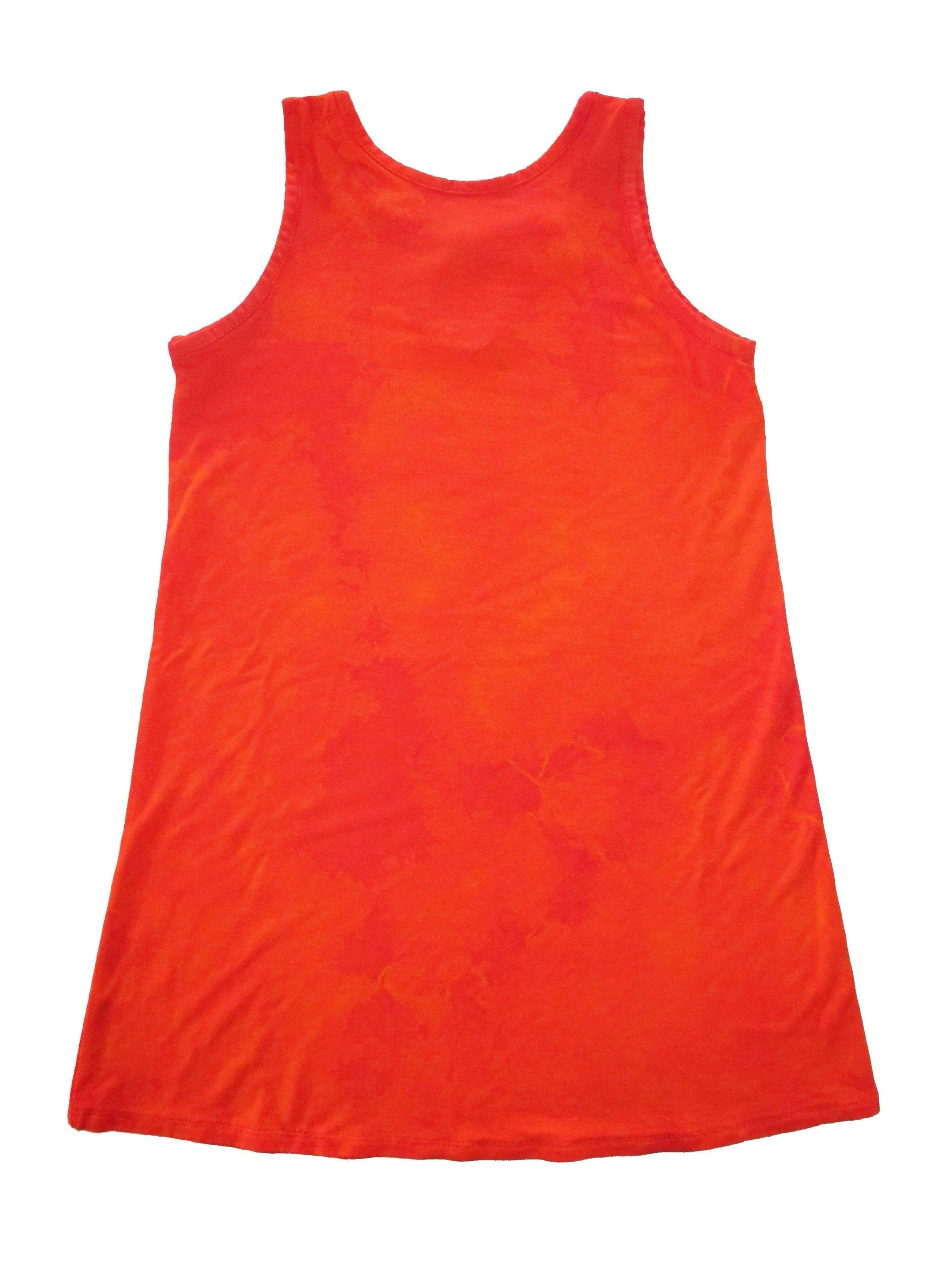 Gemma Orange Tie Dye Tank Dress featuring a unique hand-dyed pattern, sleeveless design, and lightweight cotton fabric, perfect for summer wear.