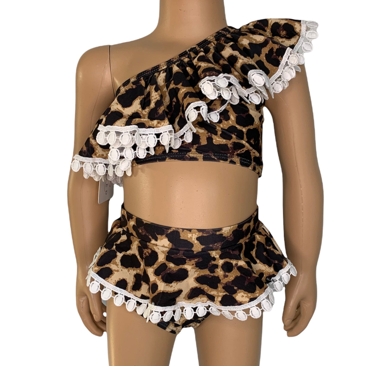 Girls 2 piece leopard print bikini with one shoulder ruffle design, perfect for beach wear.