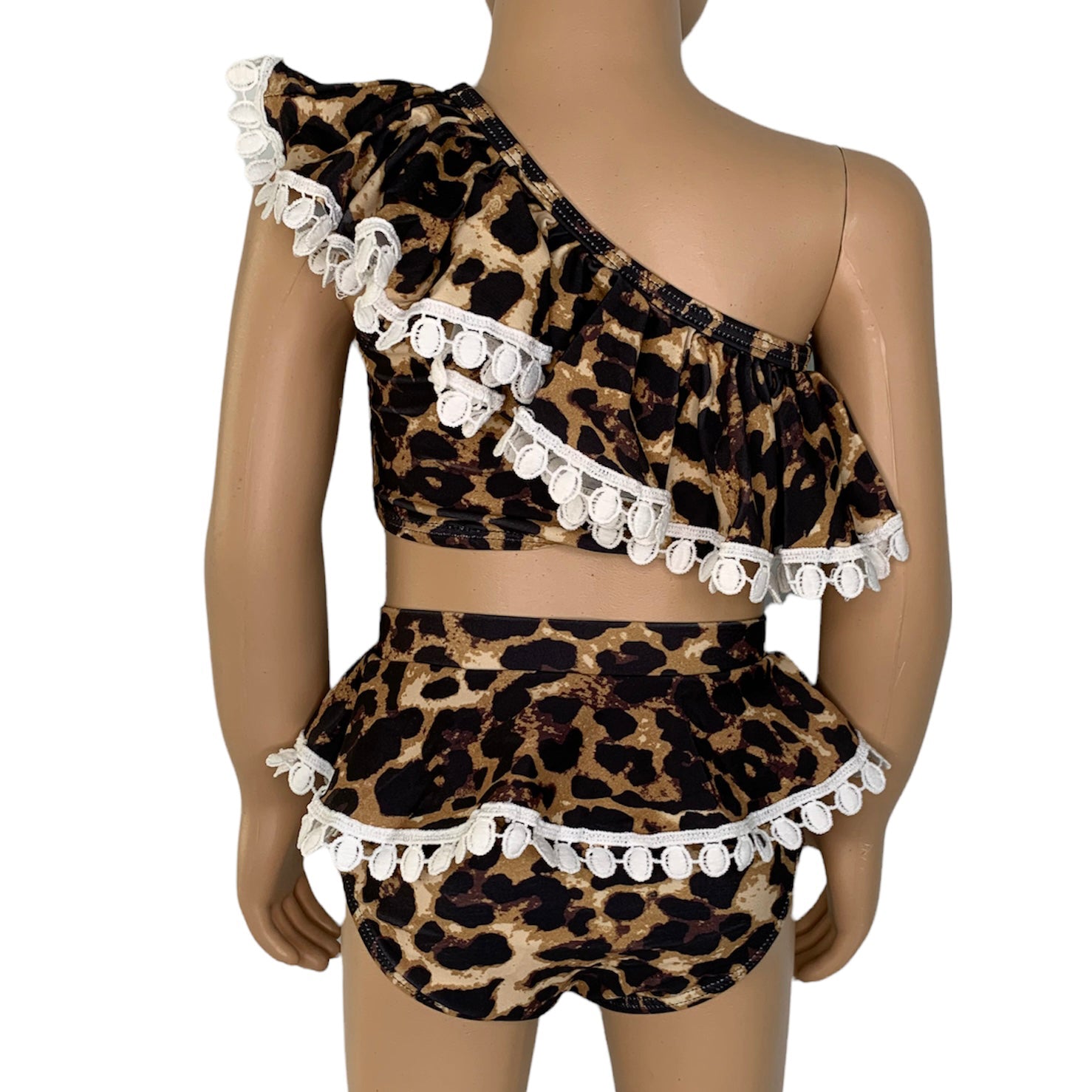 Girls 2 piece leopard print bikini with one shoulder ruffle design, perfect for beach wear.