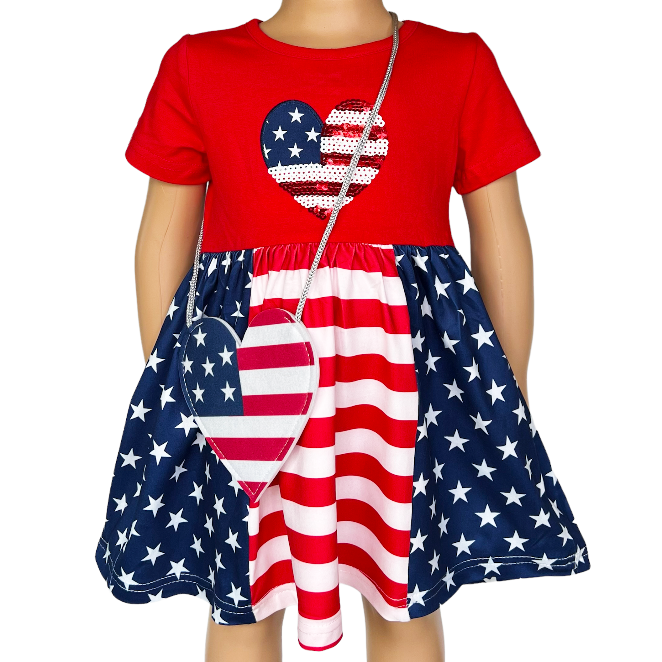 Girls 4th of July dress featuring red cotton top with sequined American Flag heart and Stars and Stripes skirt, accompanied by matching purse.