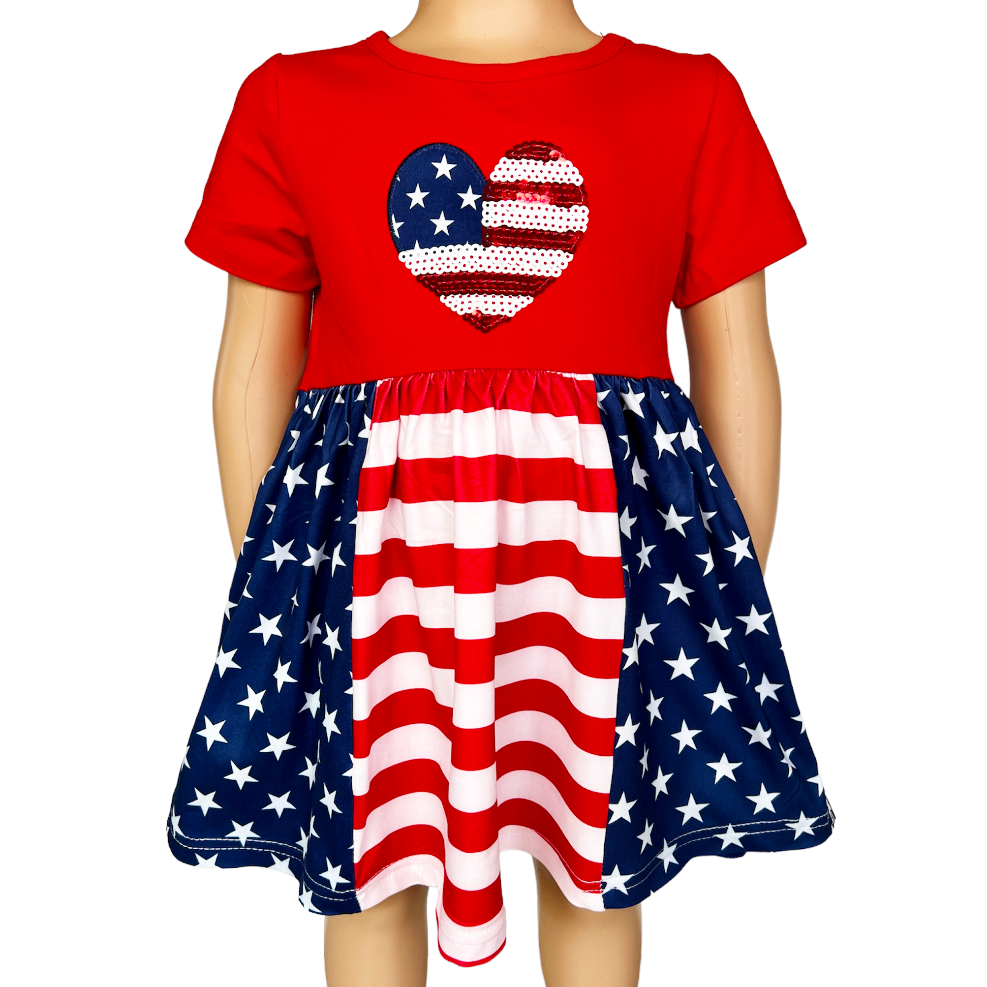 Girls 4th of July dress featuring red cotton top with sequined American Flag heart and Stars and Stripes skirt, accompanied by matching purse.