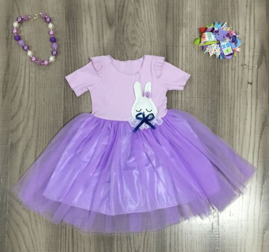 Girls Boutique Lilac Purple Tulle Easter Bunny Party Dress featuring a soft cotton top and a playful tulle skirt with an Easter Bunny applique.