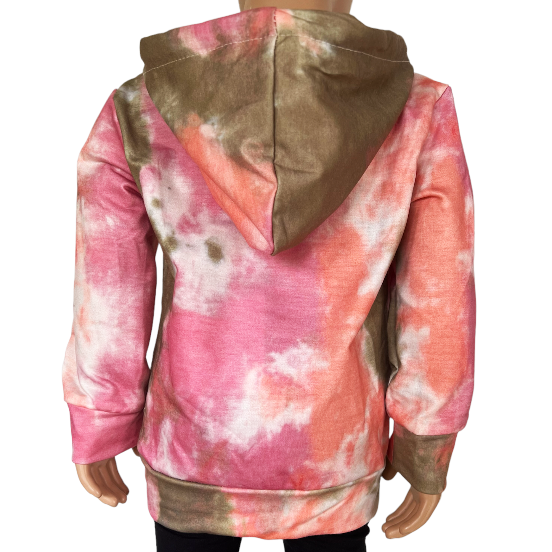 Girls Boutique Pink Green Tie Dye Hoodie Sweatshirt Top featuring vibrant colors and pull strings for adjustable fit.