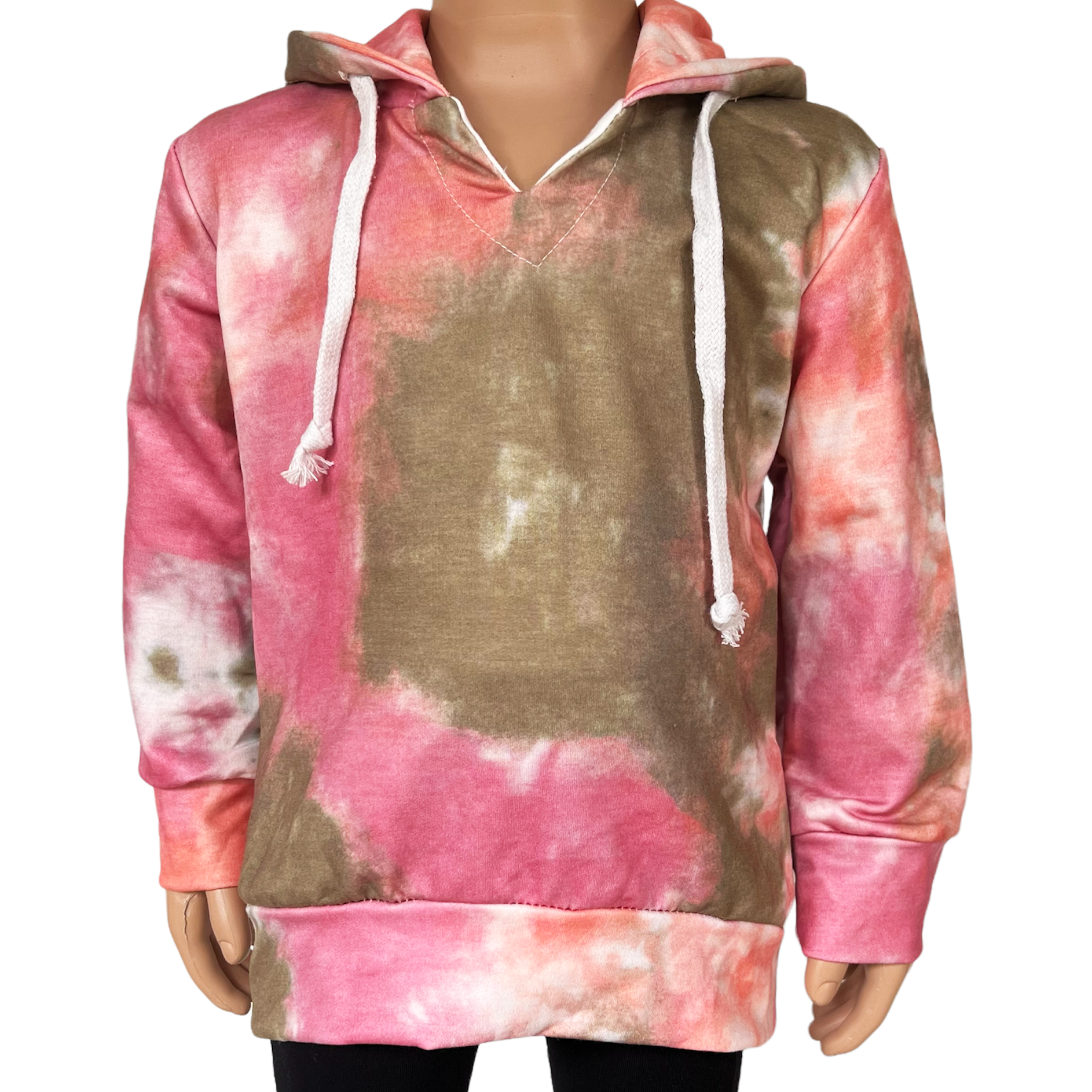 Girls Boutique Pink Green Tie Dye Hoodie Sweatshirt Top featuring vibrant colors and pull strings for adjustable fit.