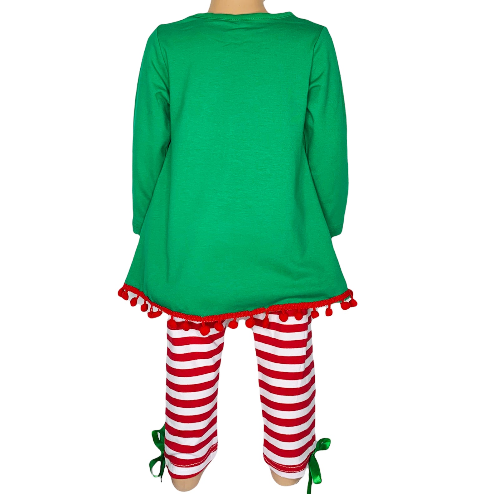 A festive girls outfit featuring an Elf Stocking top with pom pom trim and red & white striped pants, perfect for Christmas celebrations.