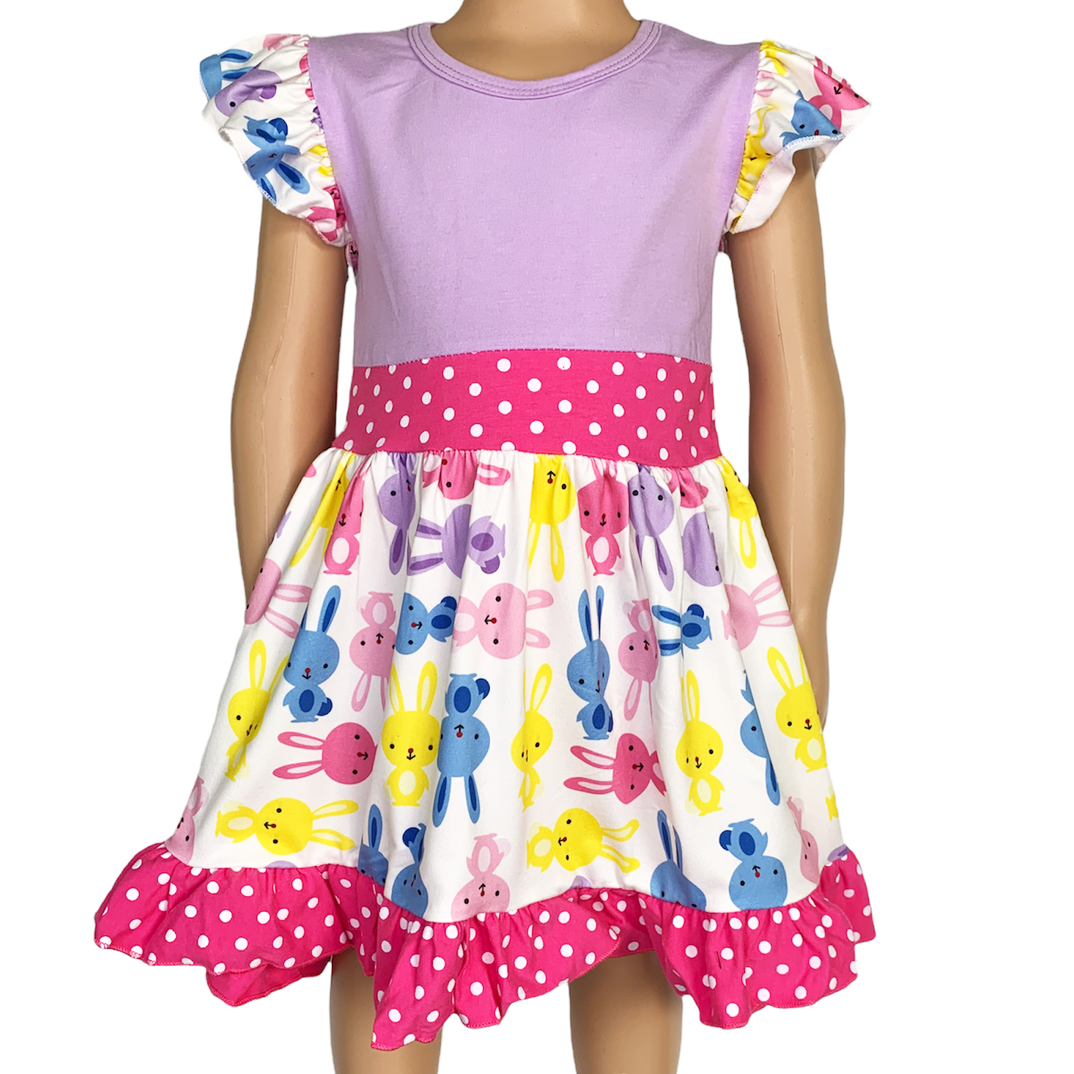 Girls Easter Bunny Dress featuring ruffles, angel cap sleeves, and a playful bunny print in pink and purple.