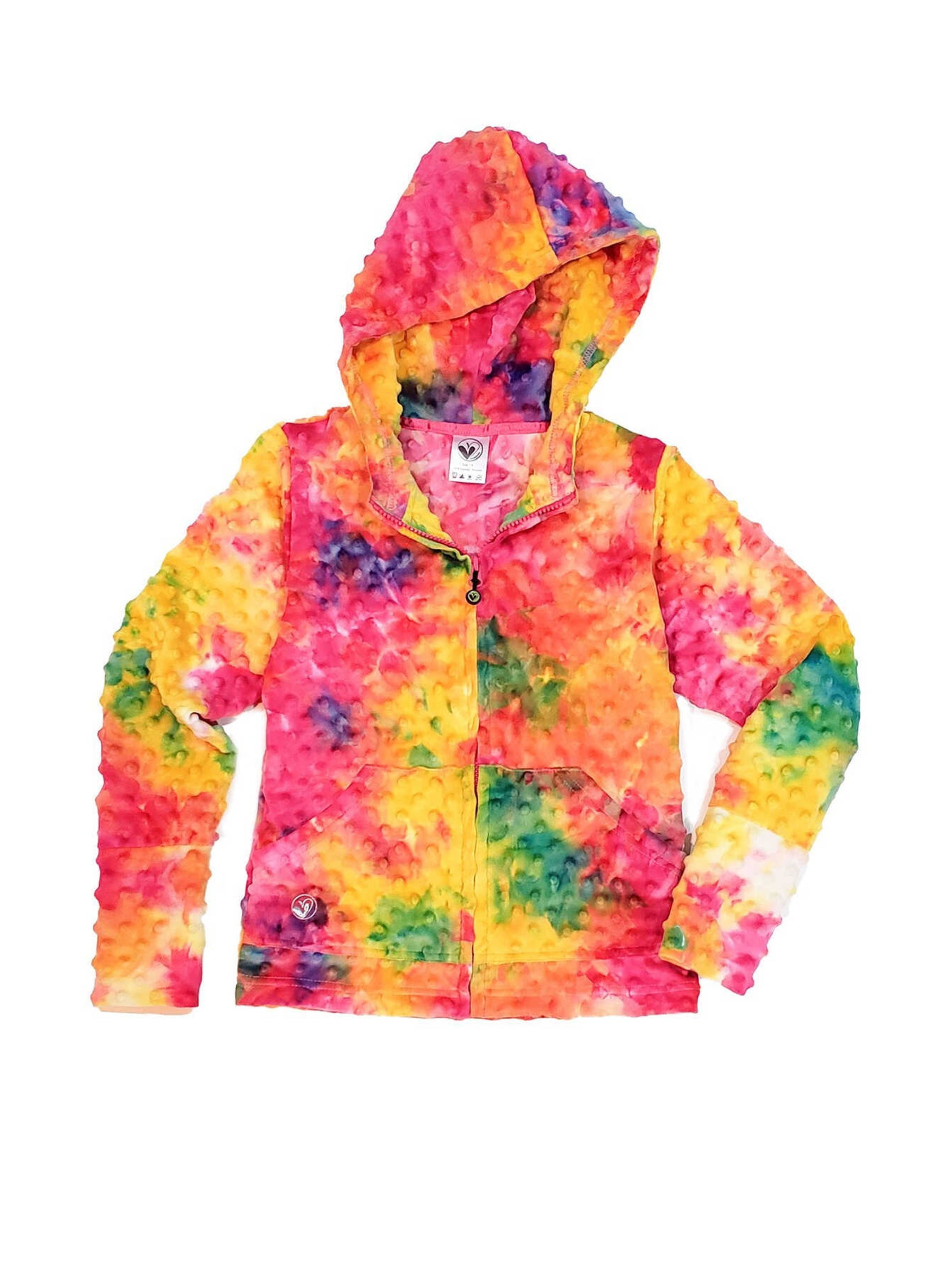 Bright Rainbow Tie Dye Girls Hoodie by Limeapple, featuring vibrant colors and a cozy design, perfect for layering and lounging.