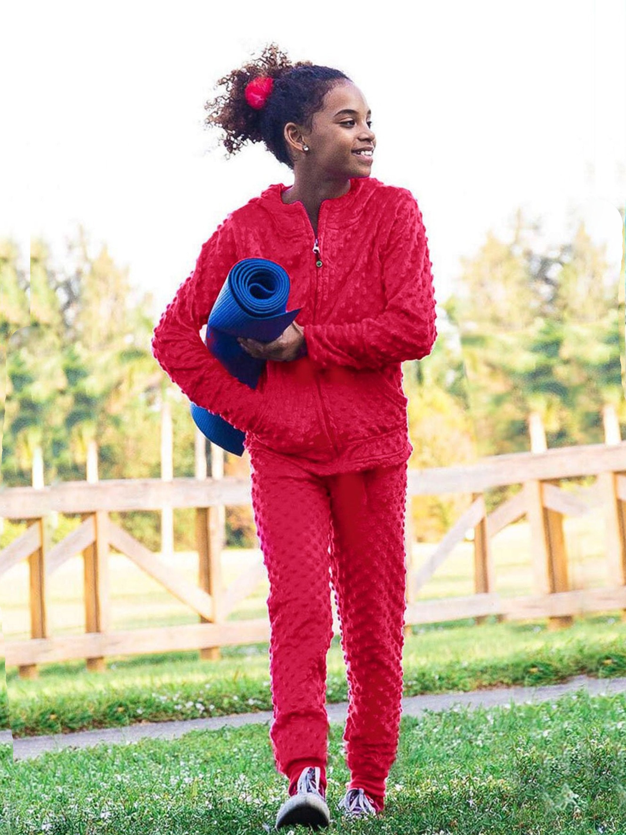 Girls Burgundy Minky Bubble Hoodie and Joggers Set, showcasing ultra-soft fabric and stylish design for comfort and casual wear.