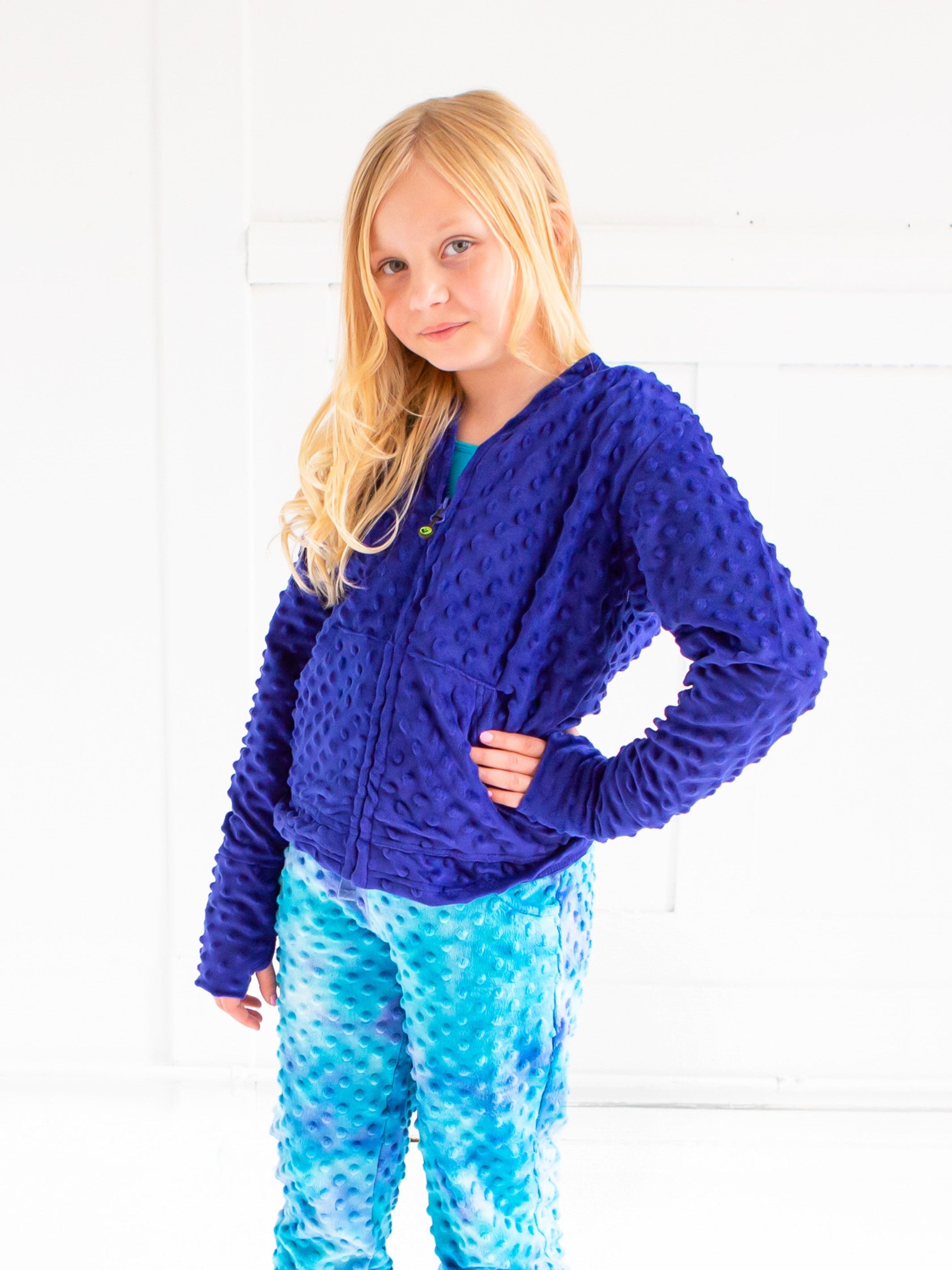 Royal Blue Girls Hoodie by Limeapple, featuring plush Minky fabric and stylish design, perfect for comfort and layering.