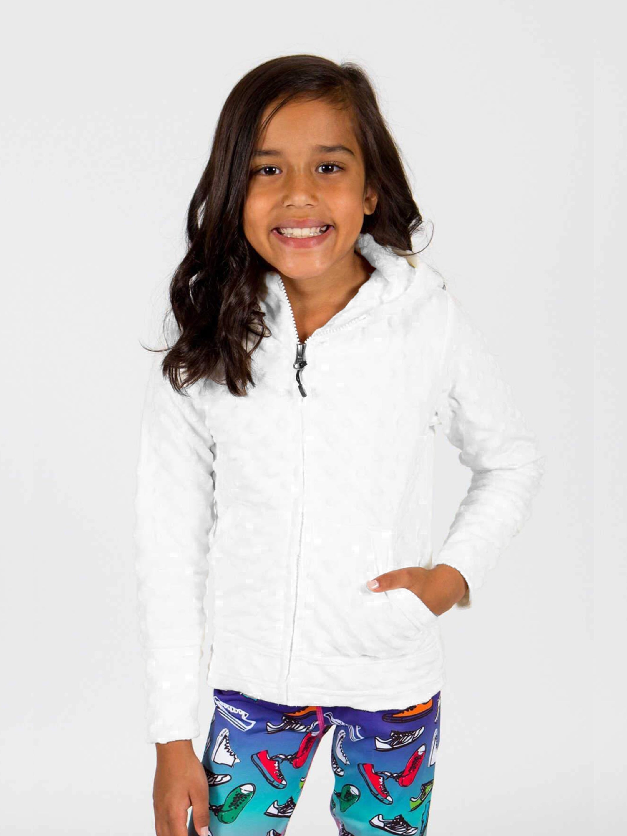 White Limeapple Girls Hoodie made of soft Minky fabric, featuring a cozy design with thumbholes and a relaxed fit.