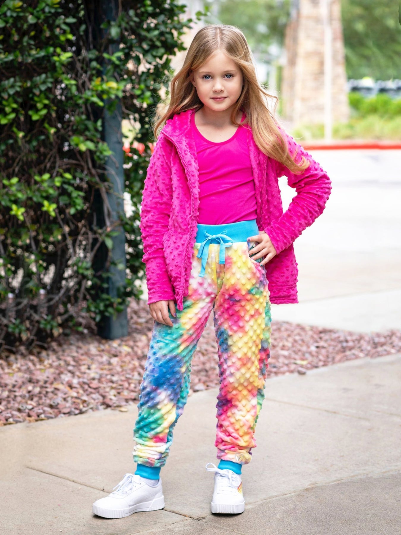 Girls Cotton Candy Tie Dye Jogger Pant, featuring a unique hand-dyed design with a drawstring waistband and slim leg fit.