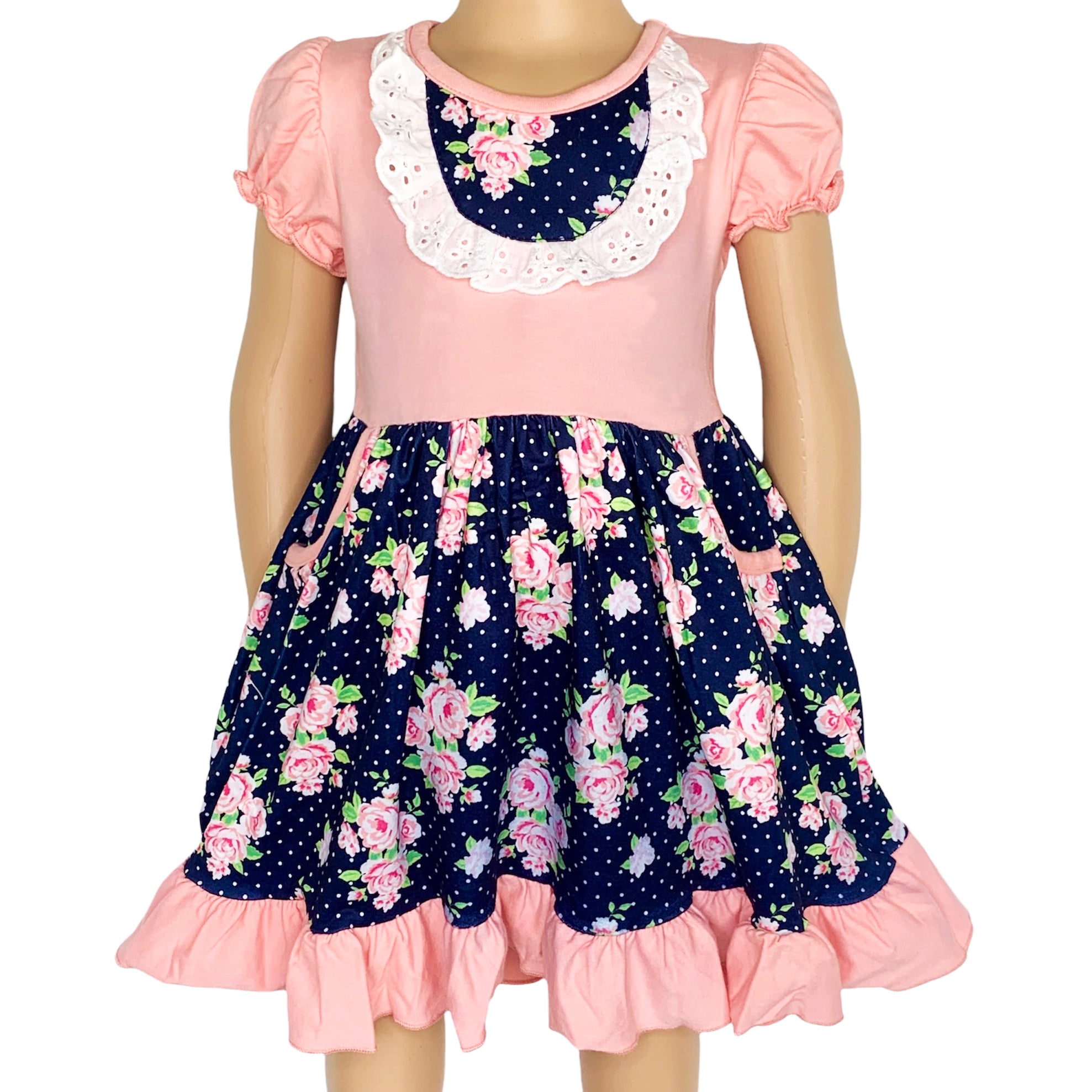 Girls Pink and Blue Floral Bouquet Dress with Ruffles and Pockets, perfect for parties.