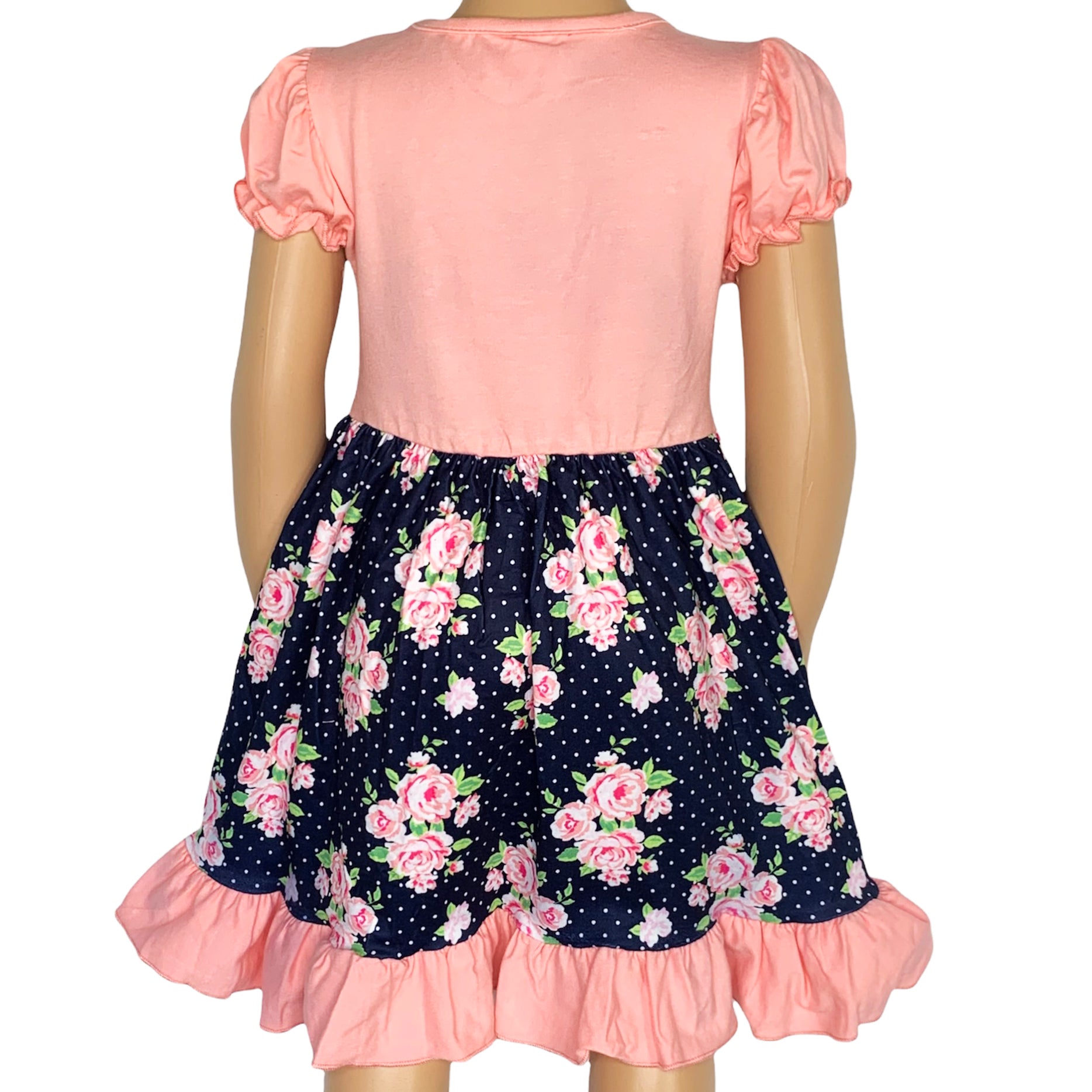 Girls Pink and Blue Floral Bouquet Dress with Ruffles and Pockets, perfect for parties.