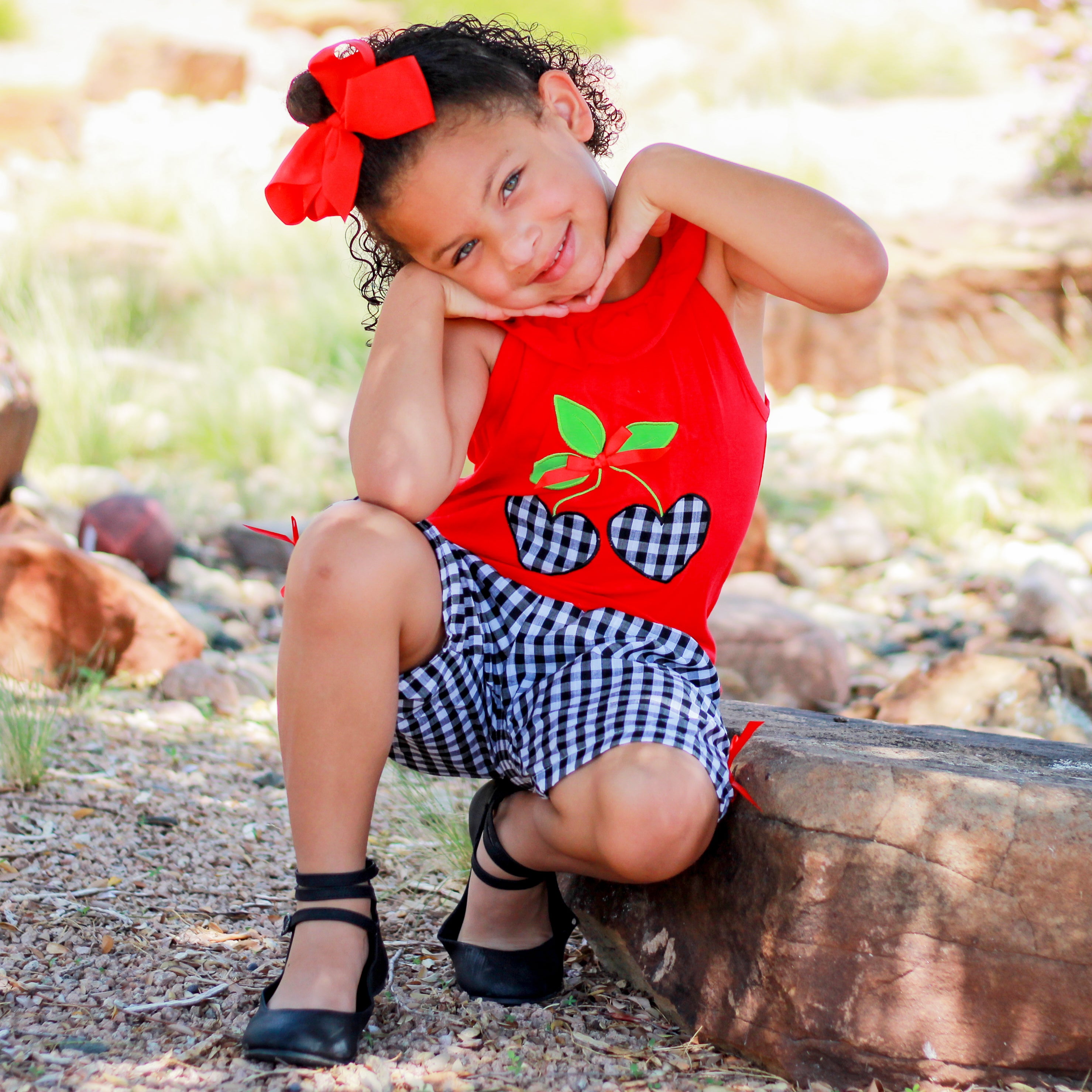 Girls Red Cherry Ruffled Tunic with Gingham Woven Shorts Outfit featuring angel cap sleeves and cherry heart applique.